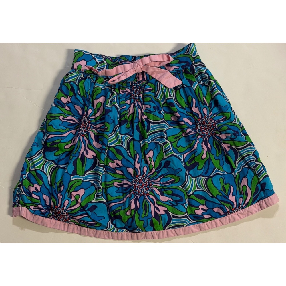Lilly Pulitzer Girls Blue Green Floral Skirt Pink Trim XL 12-14